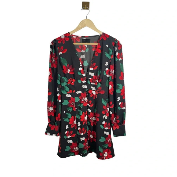 NWOT Urban Outfitters Michelle Plunging Floral Mini Dress Black/Red/Green Size S - Picture 7 of 17